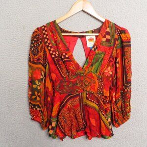 Farm Rio x Anthropologie Top XXS V Neck Open Back Boho Tassels Floral Blouse NEW